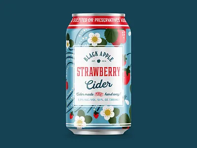 Black Apple Cider - Strawberry Varietal apple apple cider bee blossom can can design cider graphic design package package design pattern pattern design strawberry strawberry blossoms varietal