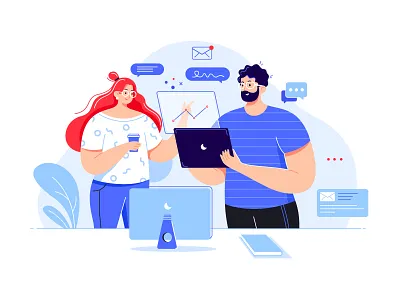 Working Together_01 boy business character chat communication computer desktop discuss girl illustration man messages office people project study talk web woman work
