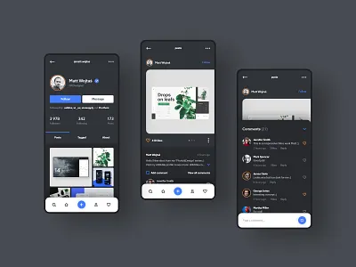 #1 - IG. Dark mode concept. android app application black dark feed follower followers gallery ig instagram interface iphone list mobile post profile social media ui ux