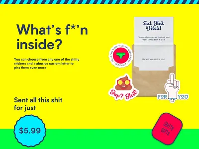 Shitty Gifts. V1. branding gifts interaction invision launch popular responsive shit side project sticker trending ui ux vibrant web webflow website