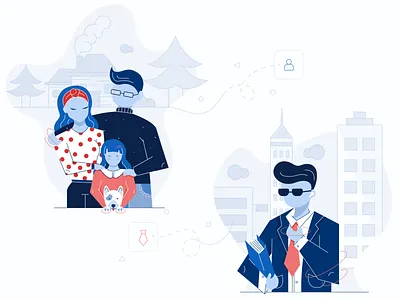 Guest Segentation Illustration 2d character applicaiton business character city dog dog illustration family flat desig girl glasses guests happy hospitality hotel love platform segmentation website website illustration