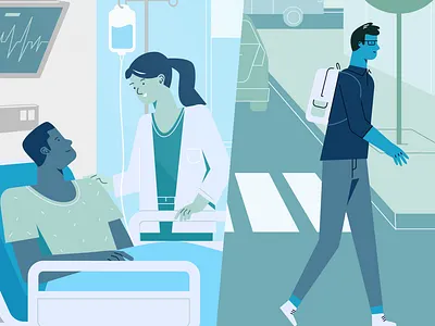 Recovering characters doctor healthy hospital imune system sick street walking