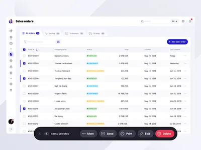 Sales orders list app batch cards checkbox clean dashboard design edit grid interface inventory list product design sales table tabs typography ui ux
