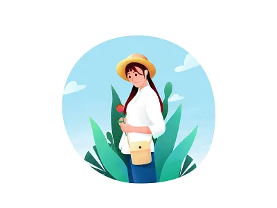 小芳菇凉（Girl Xiaofang） bag color composition flower girl green hat illustration leaf sky tone