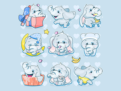 Cute animal stickers design animal cartoon character children concept cute design elephant funny idea illustration kawaii kids little logo love pack stickers vector web graphics
