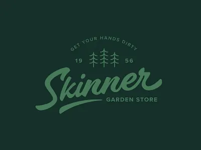 Skinner Garden Store badge brand branding brush script garden graphic design green kin pine plant plant people script skinner store trees
