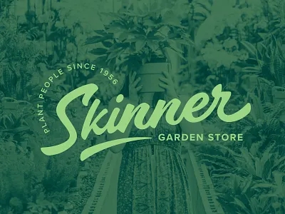 Skinner Garden Store badge badge design brush script design garden gardening green house plants kin leaves logo plant plant people potted plants script skinner store