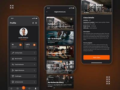 Fitness mobile app – Workouts and Profile cards cards ui dark theme figma fitness ios app product design profile ui wellness workout