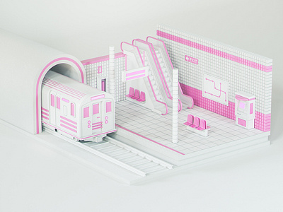 Metro Station (Pink Line) 3d building car cinema 4d design diorama illustration metro octane pink sign stairs subway tiles transport underground