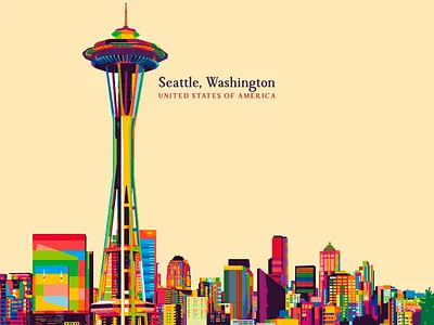 Seattle City Pop art style america american art city cityscape colorful illustration landmark landscape popart seattle travel usa vector washington washington dc wpap