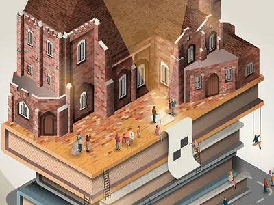 Landmark Challenge Detail books bucharest cathedral illustration isometric miniature people poetry street vector
