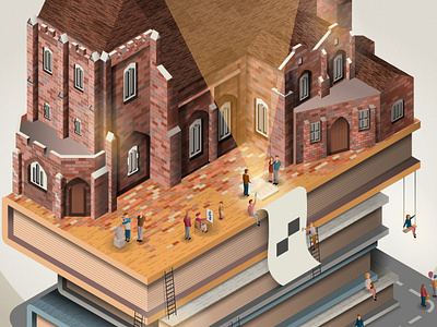 Landmark Challenge Detail books bucharest cathedral illustration isometric miniature people poetry street vector