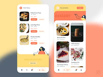 Food Delivery App - Order History and Search Screens android app apple buy delivery design ecommerce food graphics history illustraion interface minimal mobile platform product design search ui ux visual