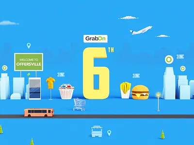 GrabOn Sixth Anniversary 3d art 3drender anniversary blender branding c4d city coupons deals electronics food illustration logo mobile offers render shopping