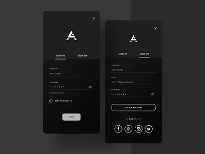 Elegant Sign In / Sign Up UI account app design create account dark grey elegant login luxury mobile register sign in sign in screen sign up