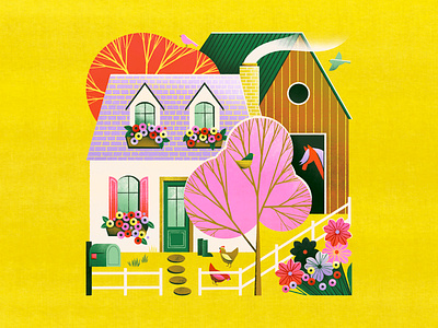 Home barn bright floral home horse house illustration retro texture tree vector