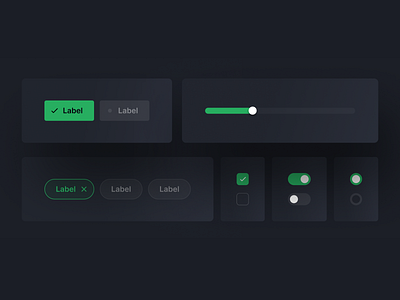 Buttons Components Dark Theme app buttons checkbox dark dark mode design system filters green mobile pills select slider theme toggle ui