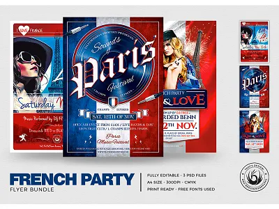 French Party Flyer Bundle 14 juillet bastille blue white red bundle cabaret day eiffeltower festival festivals flyer france french july 14th love national paris party poster romantic template