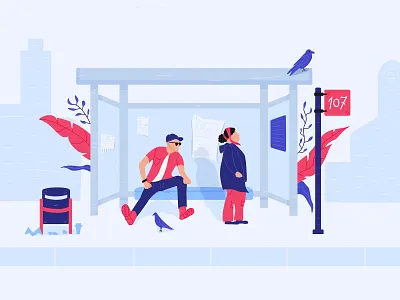 Waiting bus bus stop character flat illustration guy illustration old people stop waiting