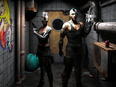 Bonnie & Clyde: Street Samurais 3d characters cybernetics cyberpunk digital 3d door future futuristic graffiti gun pavement pipes rifle sciencefiction scifi street trashbag weapons
