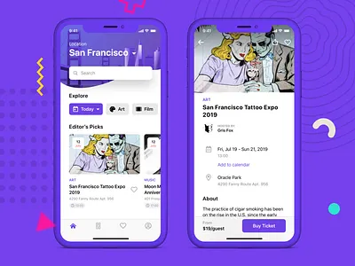 Explore/Buy Event Tickets App event explore illustration local minimal mobile sketch ticket travel ui ux