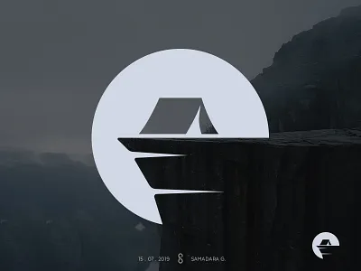 e for explore camp clever design explore hike hiking letter logo mark minimal nature outdoor scene scenery simple tent view