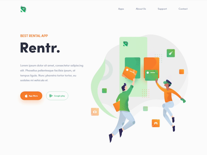 Rentr - Landing Page Animation animation app brand branding character clean design identity illustration illustrator ios minimal mobile photoshop ui ux vector web website