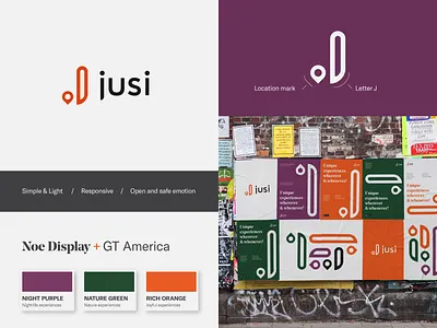 Jusi Identity booking experiences experience colors minimal minimalistic creative brand design dynamic empowering traveler j monogram letter location logotype wordmark logo mark symbol poster identity branding simple light open travel app startup traveling design smart trip trips hosts