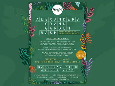 Alexander's Grand Garden Bash beer garden brand celebration design event flyer garden grand opening illustration illustrator leaf leaves logo music poster print texture typography vector venue