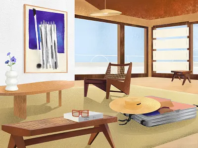 Traveling with purpose art chair color glasses hat illustration interior interior design jaquemus jeanneret modern modernism perspective rimowa table view windows