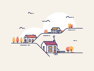 Autumn Hills autumn buildings farm homes house icons illustration illustrator plants simple trees ui illustration