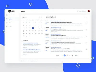 Events For Stone and Chalk admin app blue booking branding business calander coworking space design event icon minimal planning simple ui uiux ux vector web workshop