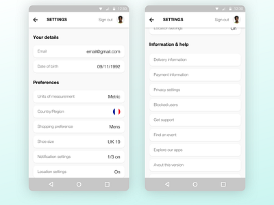Daily UI challenge - Settings Page (Day 7) android app dailyui design digital digitaldesign droid mobile nike settings sketchapp ui uidesign