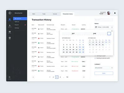 My Accounts Page account bank calendar crypto wallet cryptocurrency filter history interface list profile searching sketch transaction ui ux web