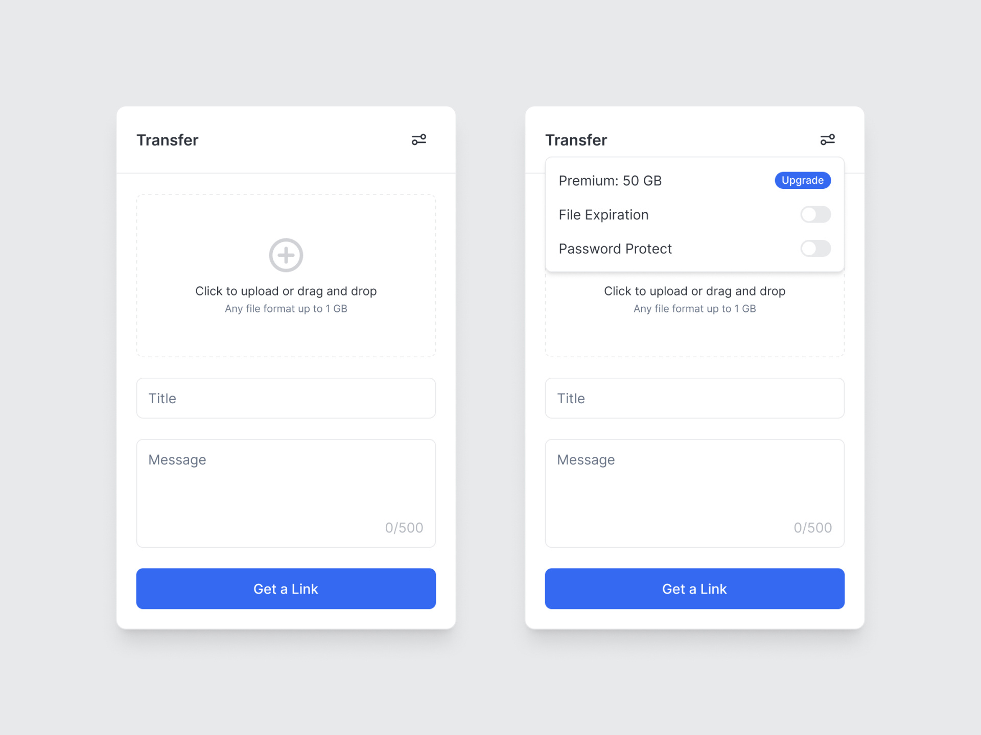 Block: File Transfer app form input modal saas textarea toggle ui upload ux web web design
