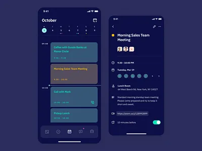 Indigo DS - Schedule Neon app calendar calendar app clean colours dark dark mode dark ui interface ios mobile schedule type typography ui ux vibrant