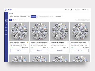 Nivoda search page add to cart b2b diamonds ecommerce app filters grid view product design search whitespace