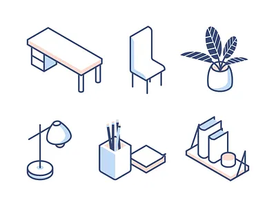 Workspace Icons bookshelf decor desk icons illustration isometric lamp office plant plants workspace