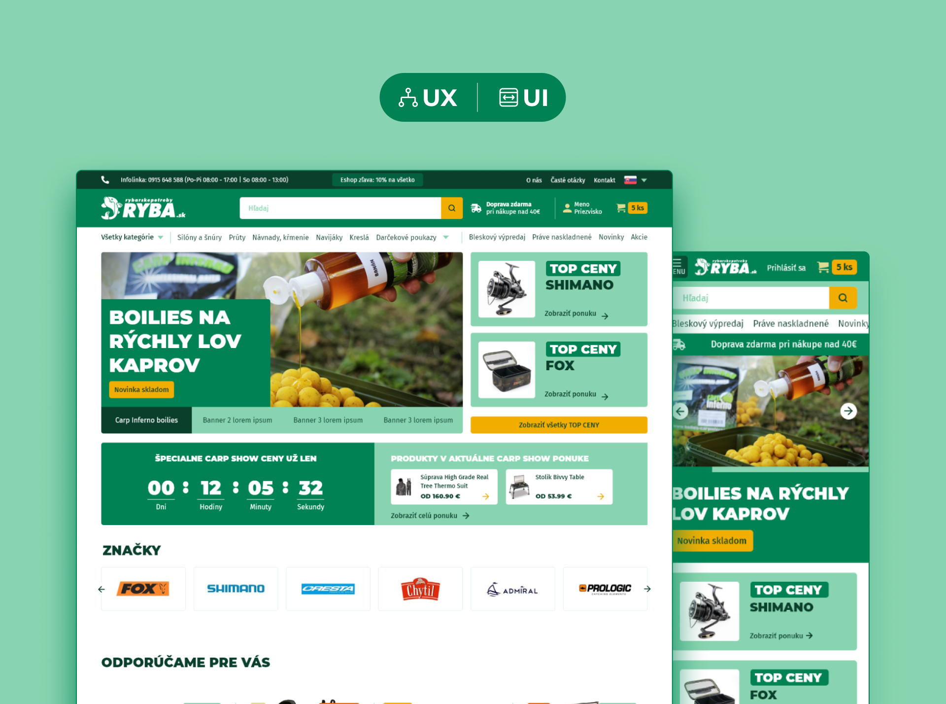 Fishing e-shop redesign branding design e commerce ecommerce eshop fish fishing green prototyping responsive design shop ui user experience user interface ux web webdesign