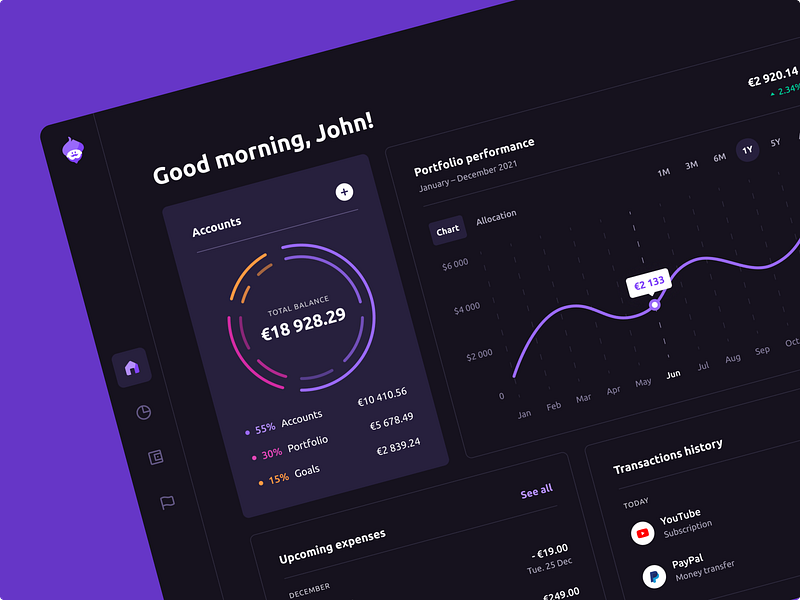 Vizier - Fintech Web Application Dark Theme accounts balances banking chart filters dark dark mode dashboard finance investments left navigation line chart pie chart portfolio performance product design transaction list ui violet web web app