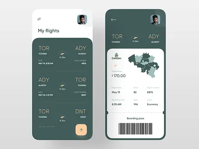 Boarding Pass App barcode boarding pass design flight flight app green map plane ticket ticket app ticket booking ui uidesign ux uxdesign