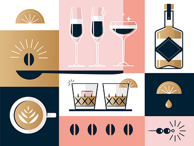 Beverage Illo cocktail coffee coffee cup drinks drop glass gold illustration label lime liquor luxury olives spoon