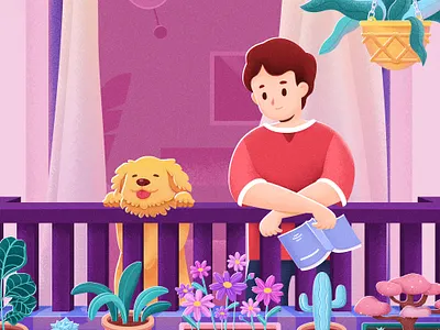 Vacation Home balcony book boy doggy flowers home illustrations plants poster