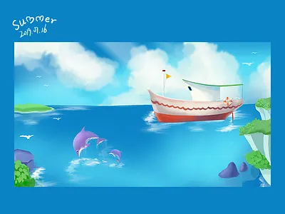 Illustration boat dolphin illustration islet scenery sea