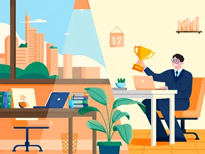 Enjoy Hard Work！ books building calendar city computer computer chair draw folder guy illustration light plant trash can trophy vector work