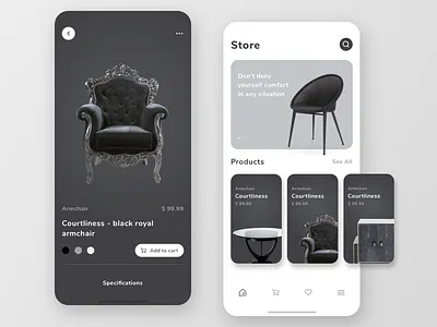 E-commerce mobile app concept app armchair design e commerce e commerce app e shop furniture app furniture store icon ios mobile app product card table store typography ui ui design ui ux ux ux design vector