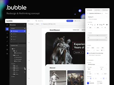 Bubble.is - Redesign & Rethinking Concept black white bubble builder case study concept creator dark theme dark ui dashboard editor figma interface properties redesign sidebar ui design ux design web app web design webflow
