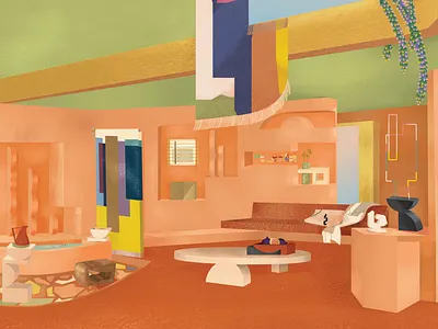 Atrium of the Villa Tayn colors desert design house illustration interior design interiors objects sculpture sunny texture textured textures