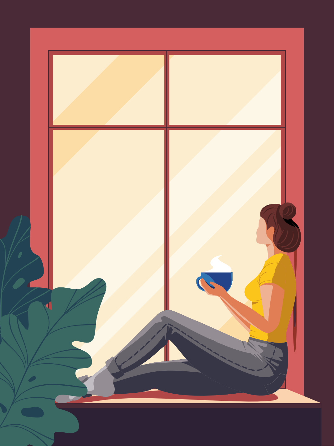 Enjoying quiet moments alone character coffee drinking hot illustration jeans meditating quiet moment silence tea vector window woman