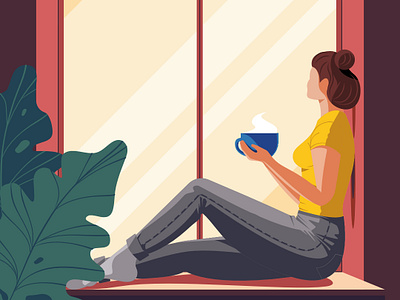 Enjoying quiet moments alone character coffee drinking hot illustration jeans meditating quiet moment silence tea vector window woman